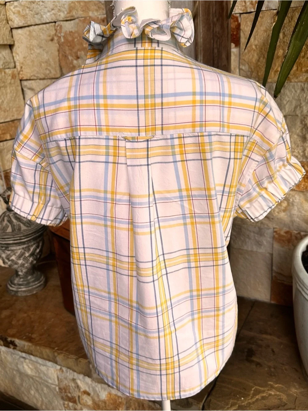 Yellow Plaid Ruffle Collar Shirt upcycled